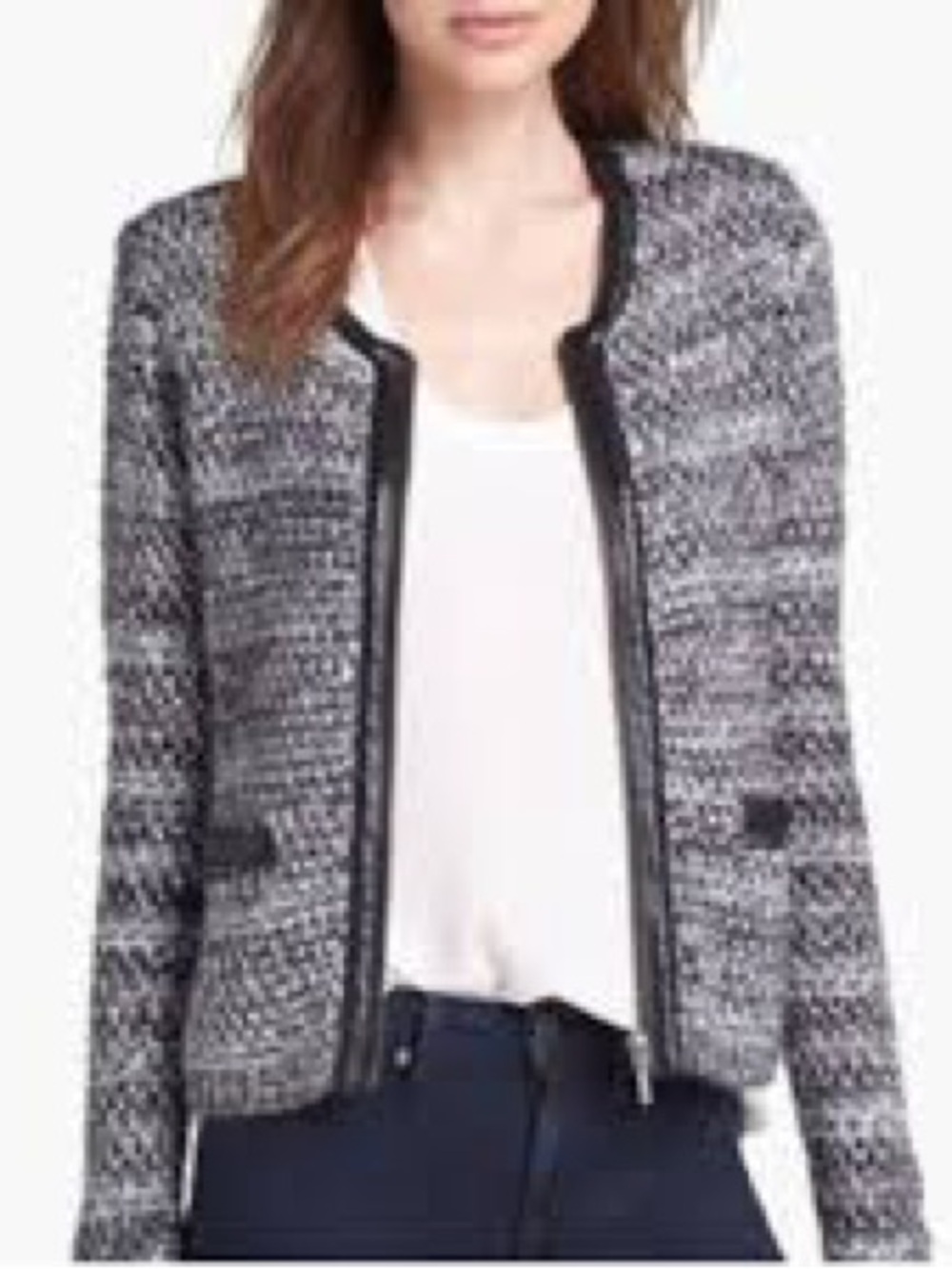 JOIE Black, Mint and Metallic Silver Tweed Knit Zipper Front Jacket